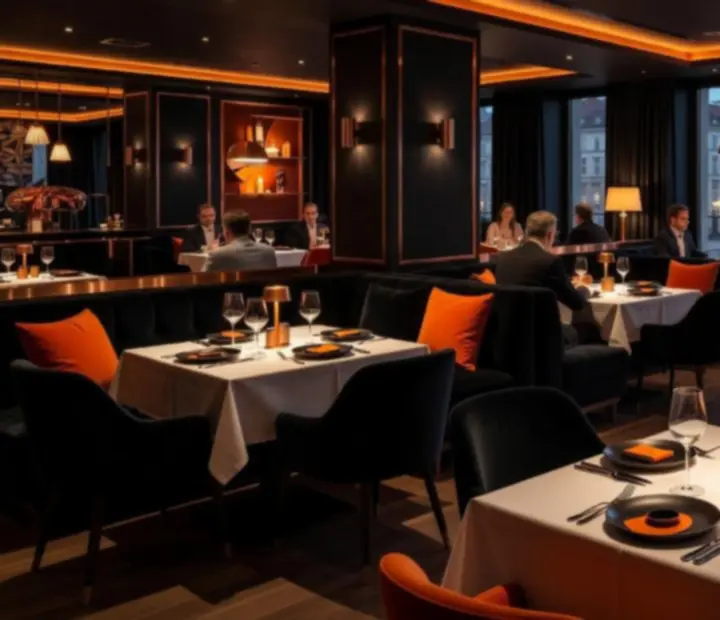 Atmosféra restaurace Town Loungge s večerním osvětlením a prostřenými stoly