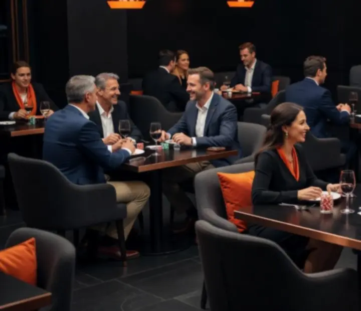 Večerní atmosféra restaurace a lounge Town Loungge s tlumeným světlem a hosty u stolu.