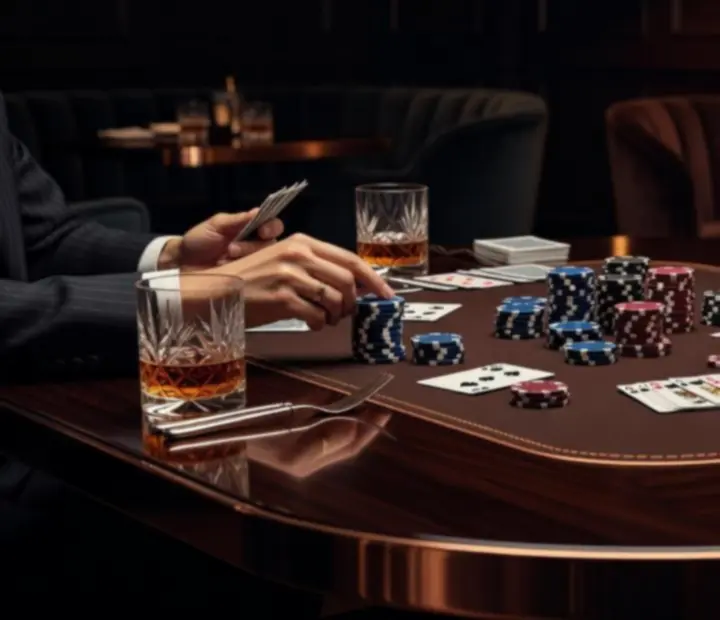 Detail pokerového stolu v restauraci Town Loungge s žetony, kartami a atmosférickým osvětlením.